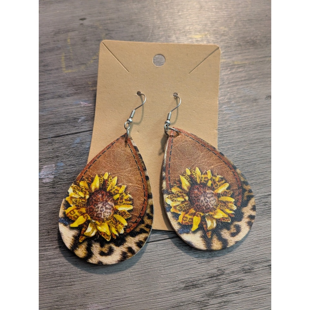 Faux Leather Sunflower Leopard Print Teardrop Dangle Earrings Western Boho Brown